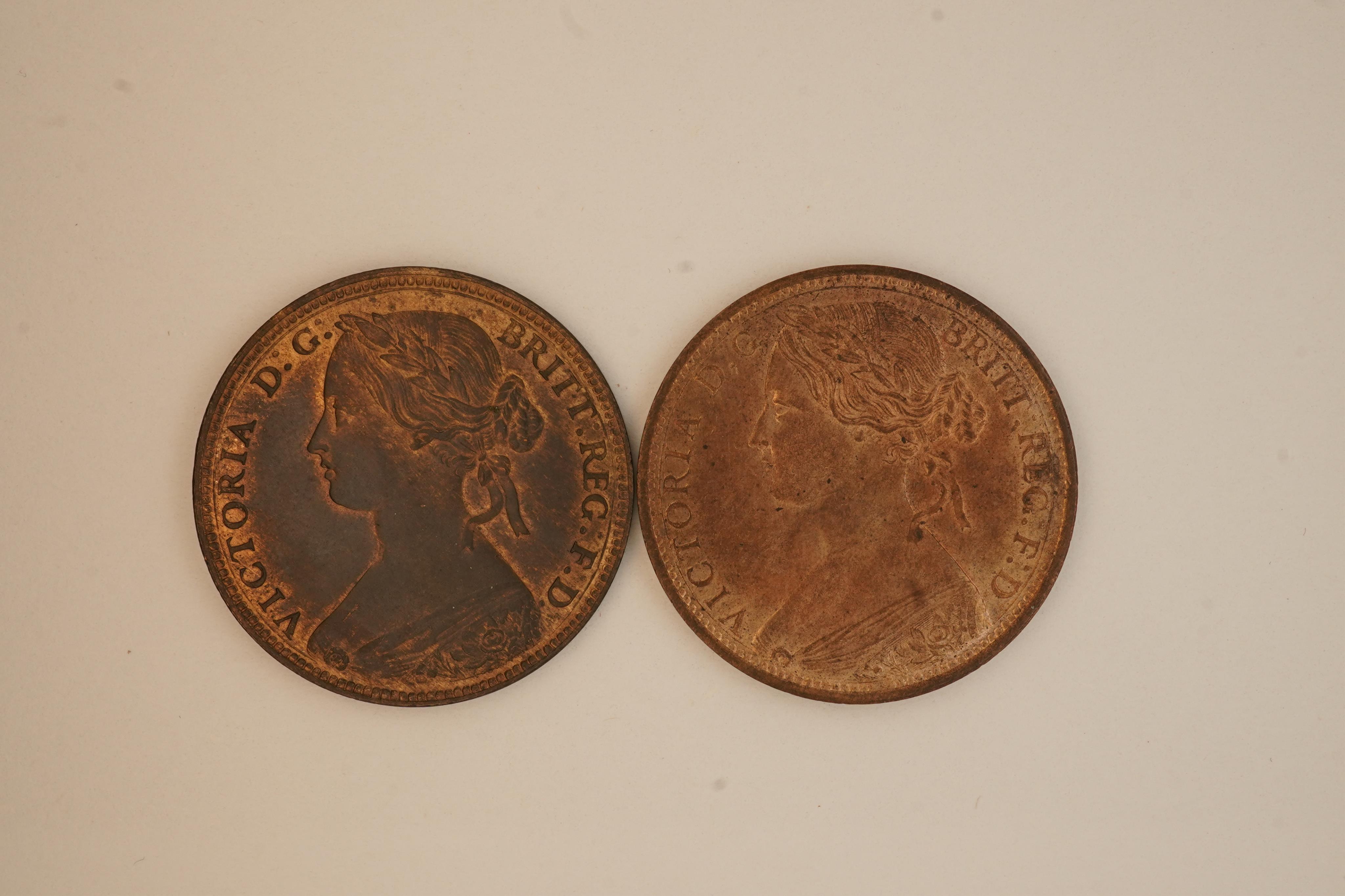 British coins, Victoria, two bronze pennies;, 1860, Fr. 10, Gouby dies D/d, crisply struck, EF, dark toned with some lustre, 1862, Fr. 39, Gouby dies J/g, no signature, proof-like fields, EF, lustrous